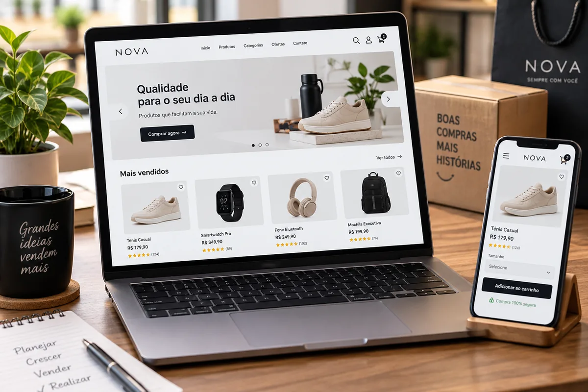 Loja virtual aberta em um notebook e em um celular sobre a mesa