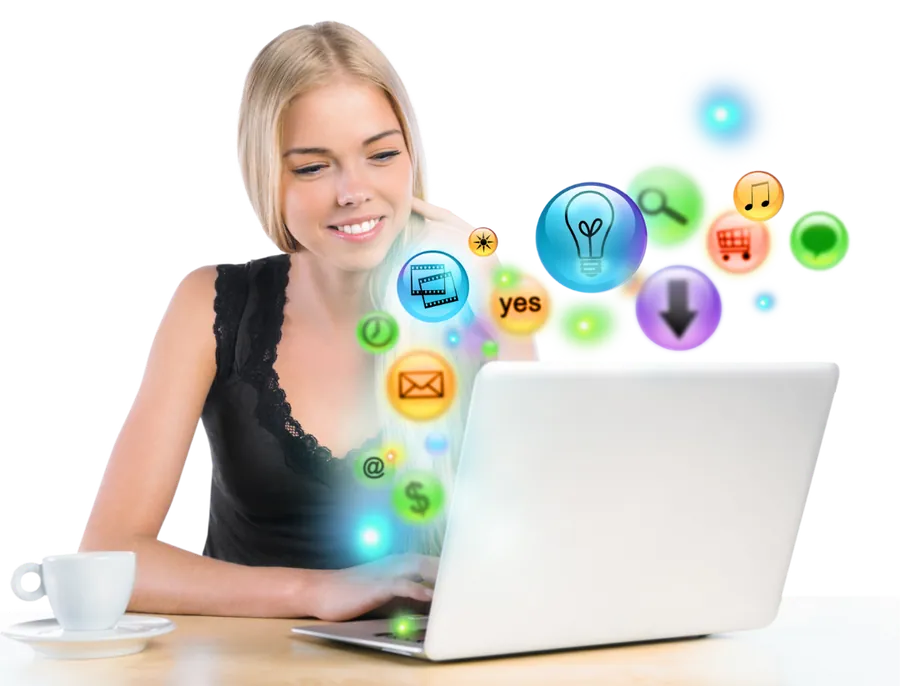 Mulher em frente ao computador cercada de ícones da internet